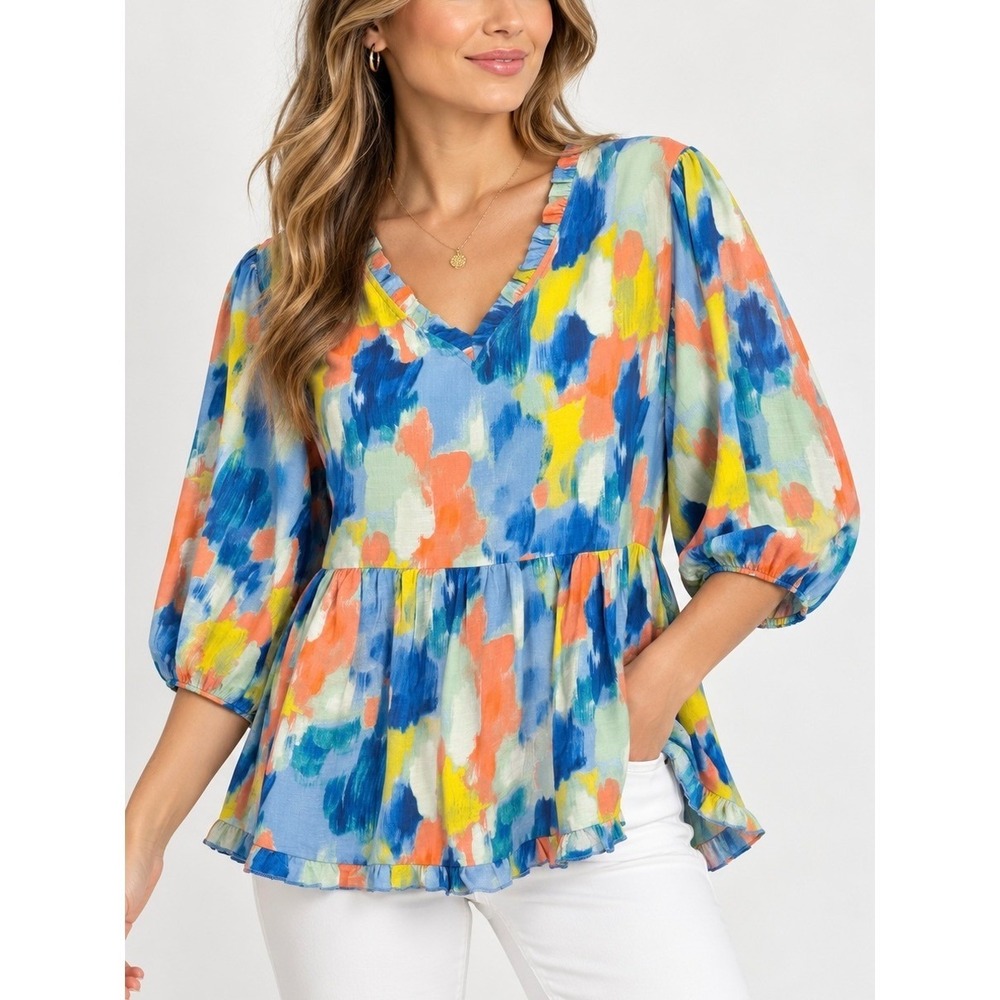 JODIFL Colorful Abstract Floral Ruffle Babydoll Blouse V-Neck Puff Sleeve S